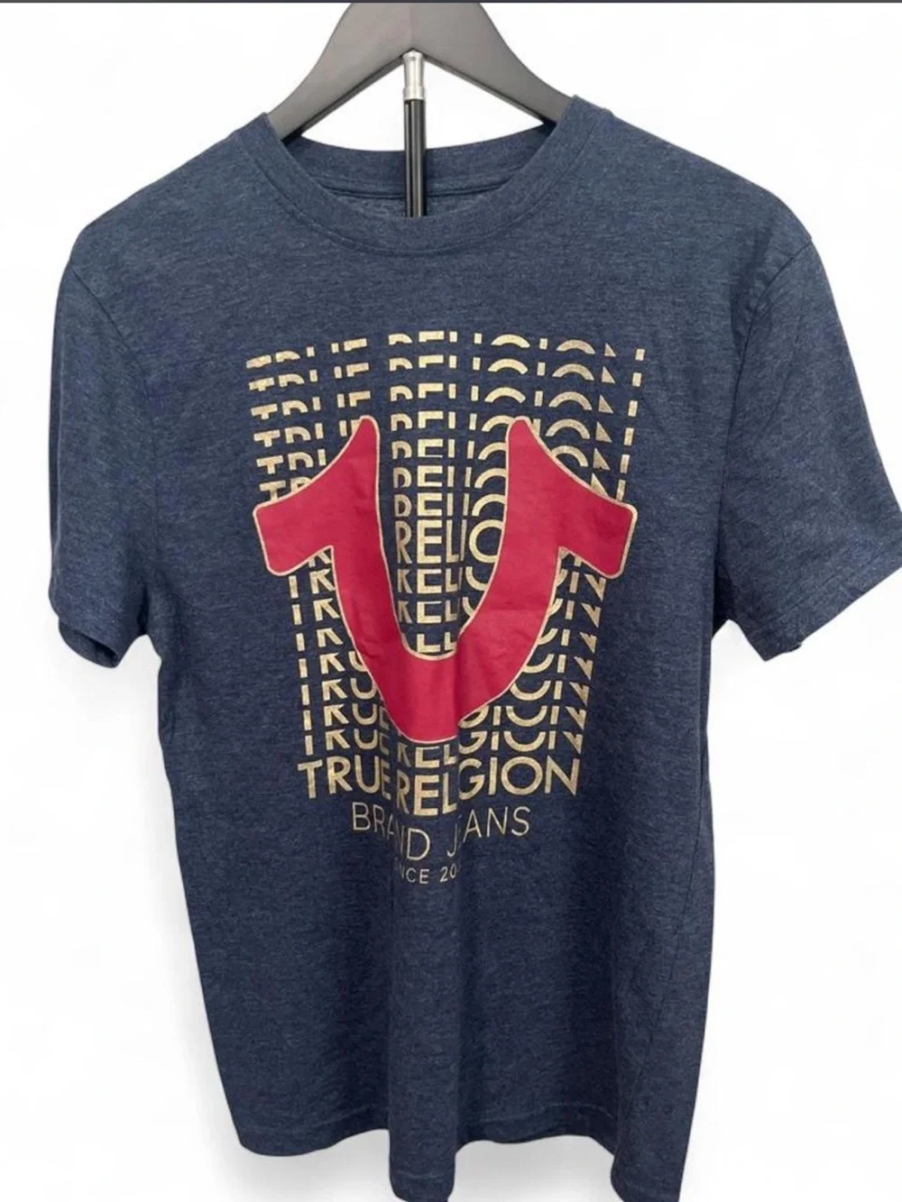 True Religion Navy Tee with Red Horseshoe and Gold Script